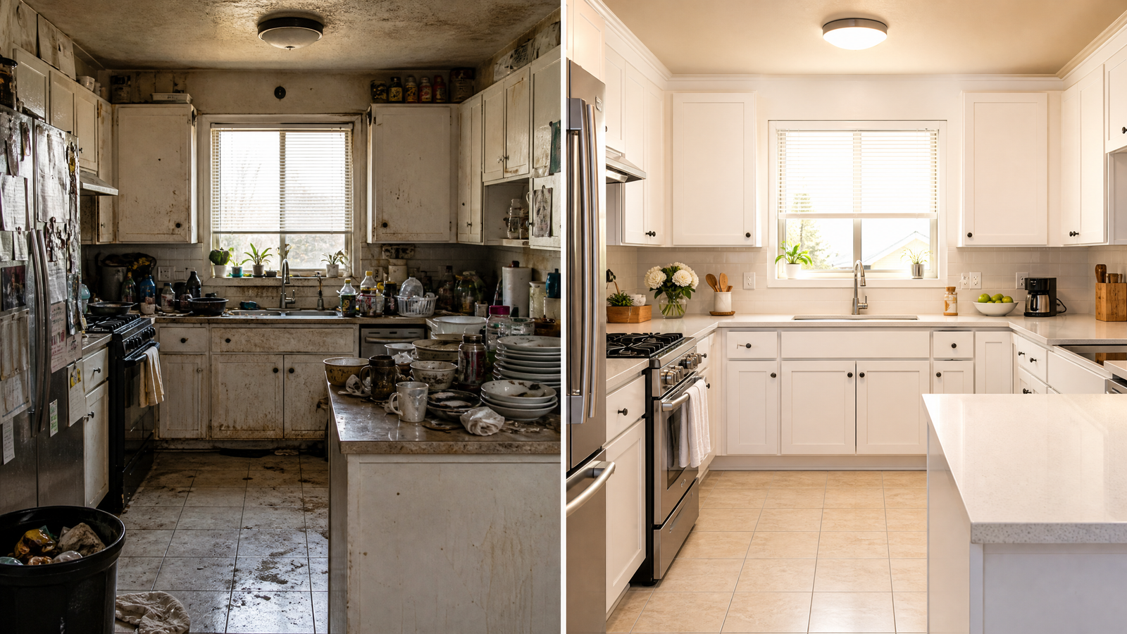 Before and after cleaning transformation — dramatic kitchen cleaning results