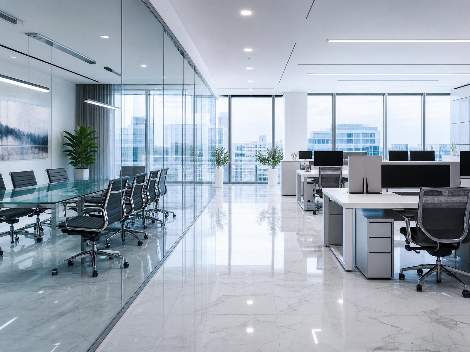 Professional commercial office cleaning — pristine workspace